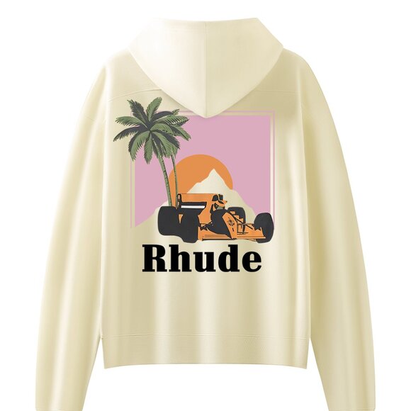 Rhude Beige Racing Car & Palm Tree Graphic Print Hoodie - Picture 1 of 7